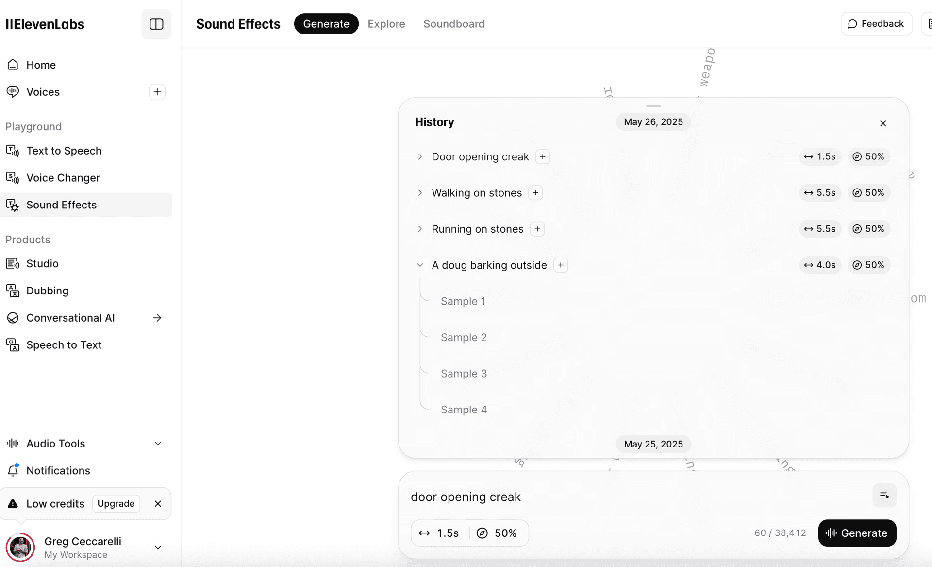 ElevenLabs sound effects generation interface showing various audio samples