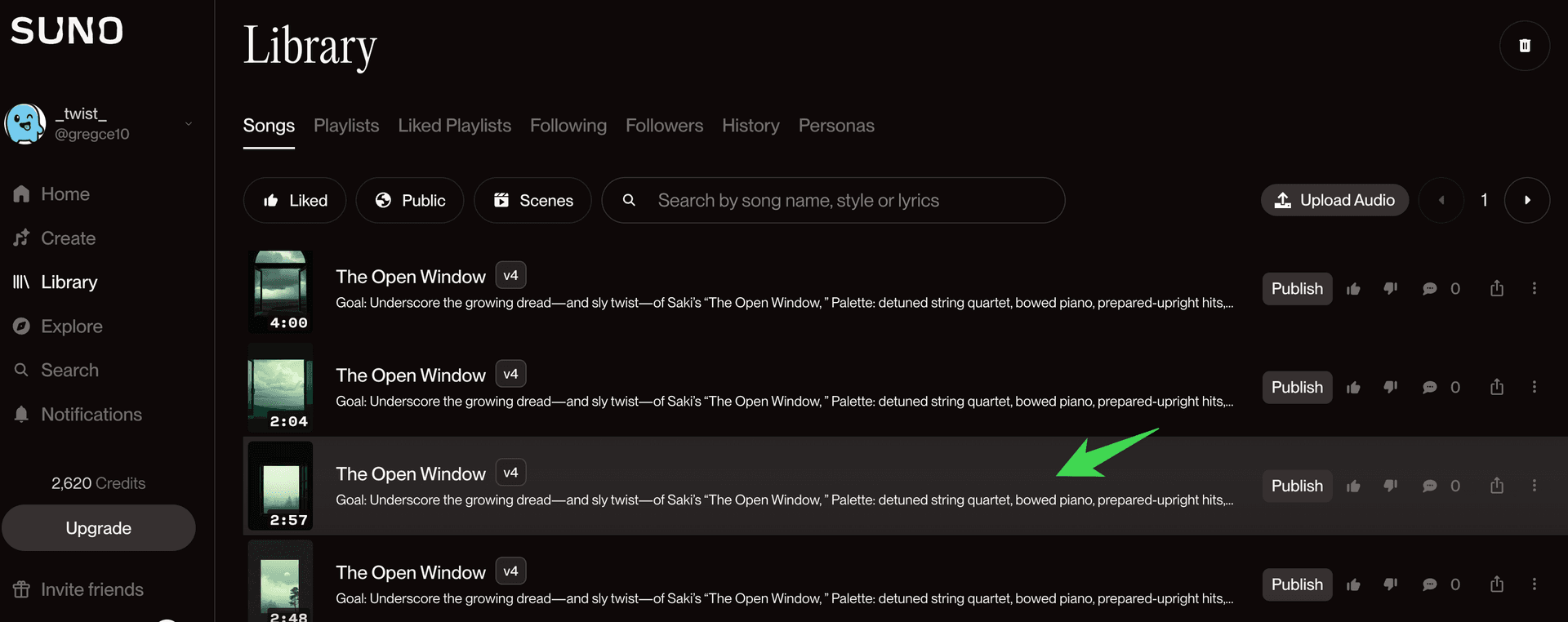 Suno music generation interface showing The Open Window soundtrack variations