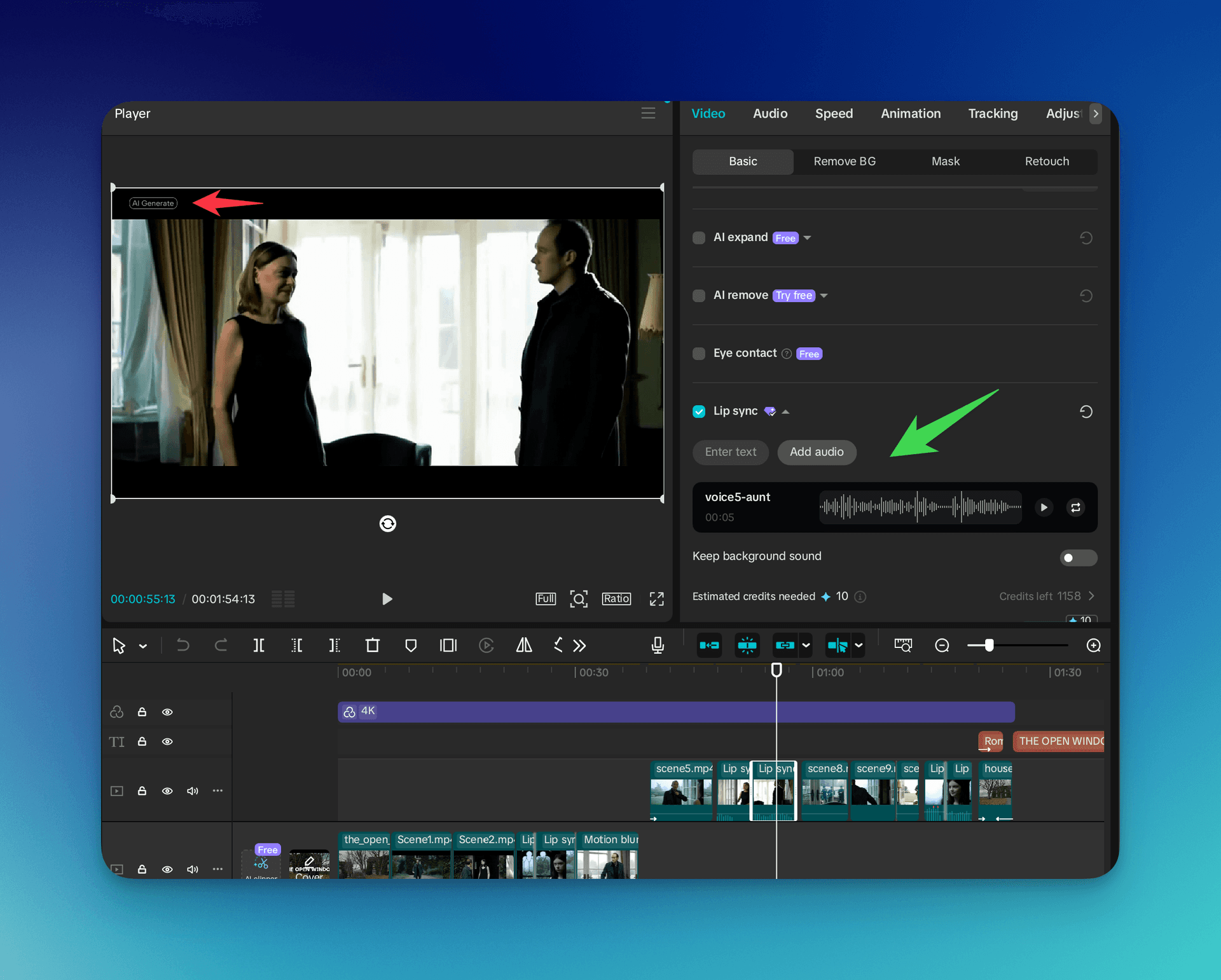 CapCut lip syncing interface showing the audio and video to be synced