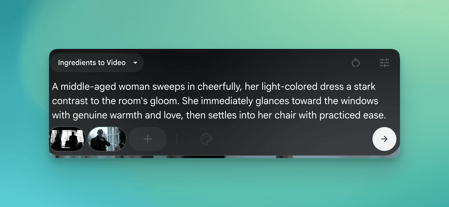 Google Flow workspace showing the Ingredients to Video interface with prompt and character elements