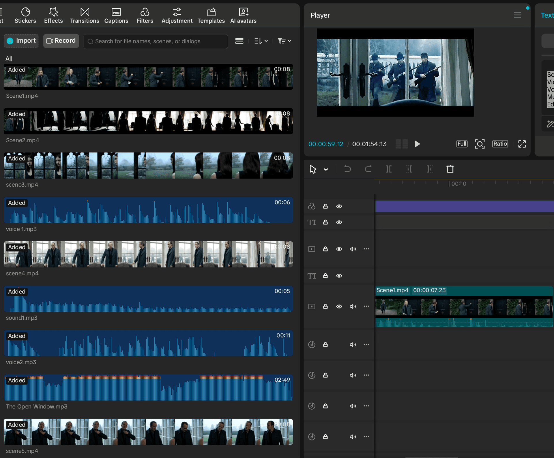 CapCut project showing the first scene added to the timeline