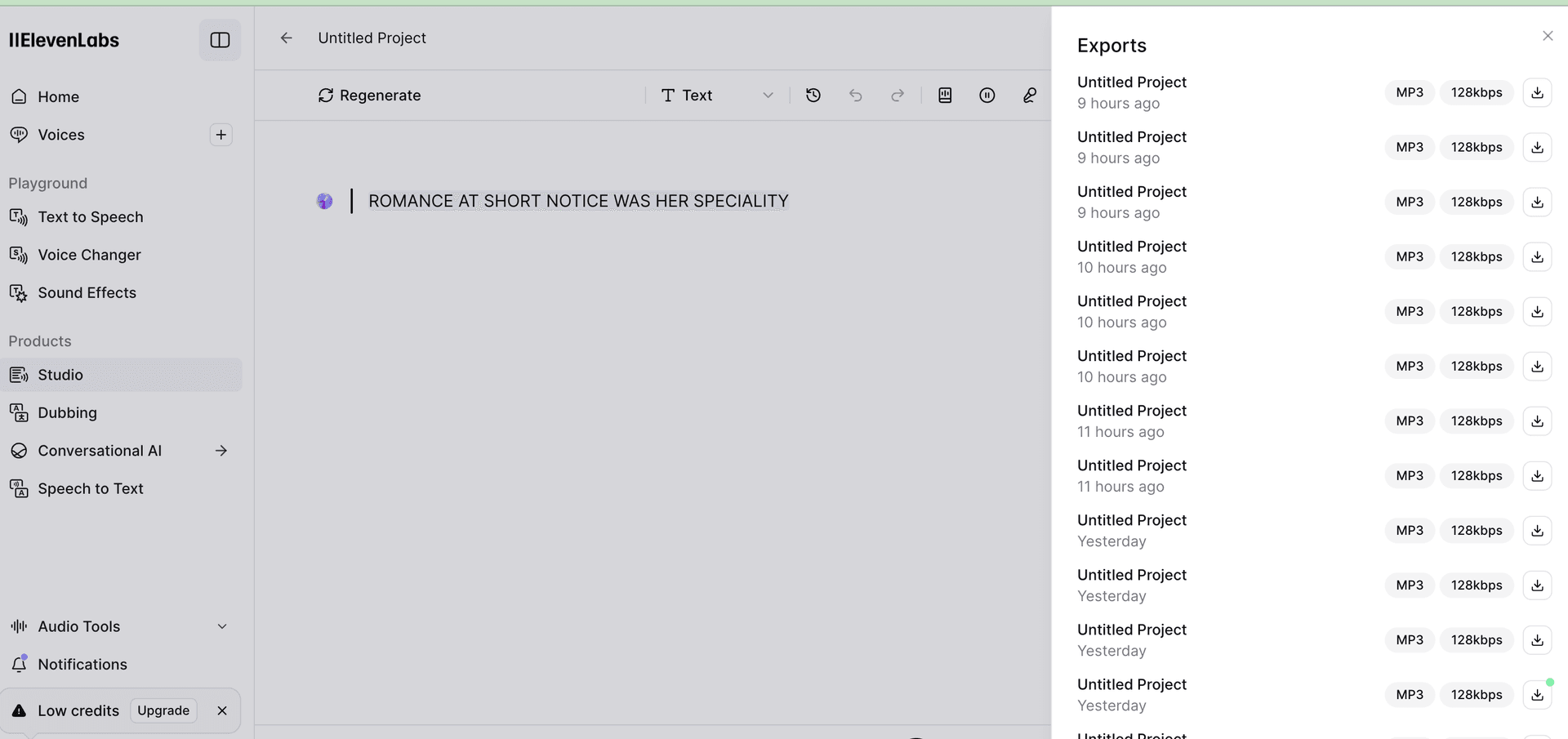ElevenLabs interface showing voice generation projects and exports