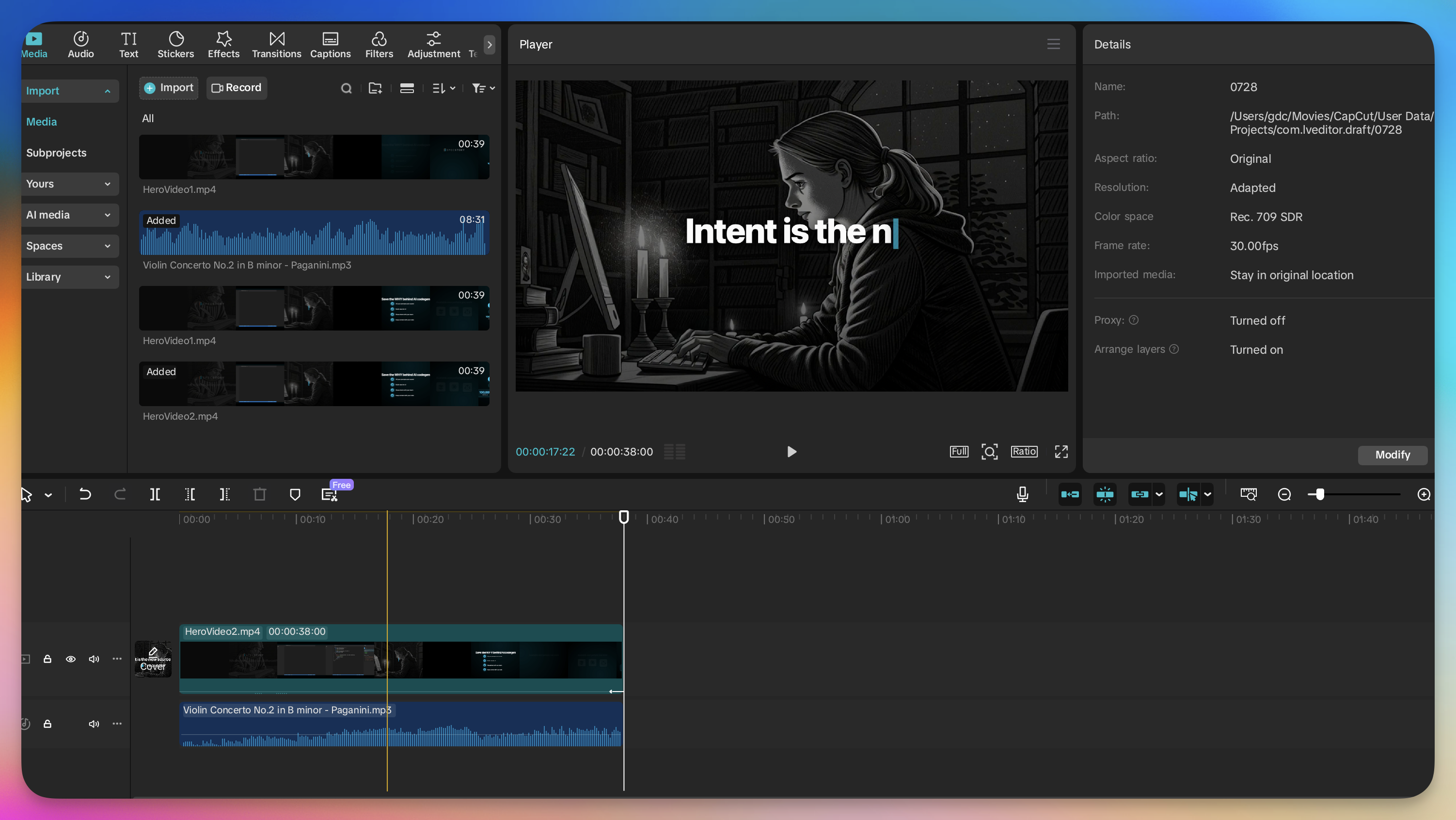 CapCut editing interface showing the SpecStory video timeline